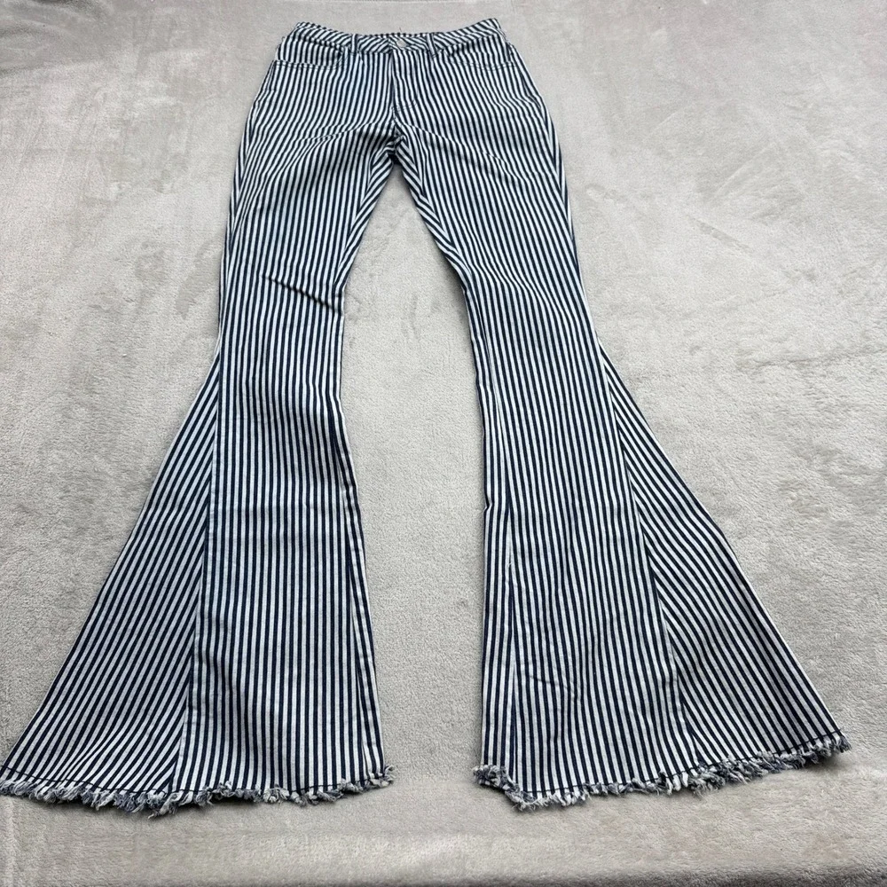 Saints & Hearts Bell Bottom Pants Womens S Navy White Striped Frayed Retro Boho